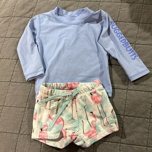 Periwinkle Rash Guard and Flamingo Swim Shorties Set